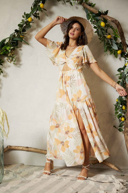 Butterfly-Sleeve Tiered Cut Out Maxi Dress